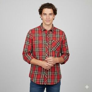 Time and Tru Red Plaid Flannel Shirt Long Sleeve Button Up Men‎ Size M 8 10